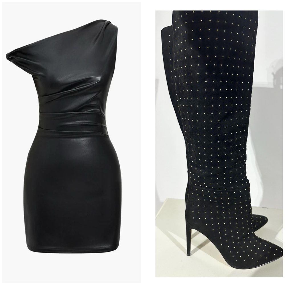 GUESS LILLA BLACK GOLD STUDDED KNEE BOOTS/ PRELOVED/ SIZE 7.5